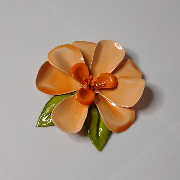 Orange Enamel Large Flower Brooch - Picture 1 of 11